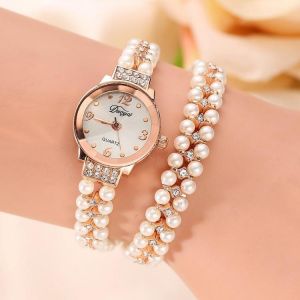 DUOYA Women Pearl Bracelet Round Square Crystal Case Quartz Watch