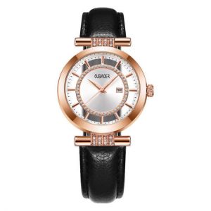 OUBAOER OB2007 Blue Rhinestone Women Wrist Watch Genuine Leather Strap Quartz Watches