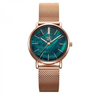 SHENGKE SK K0103 Aurora Starry Dial Crystal Women Elegant Mesh Steel Strap Quartz Watch