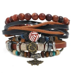 shopping תכשיטים לגבר Punk Vintage Woven Leather Multi-layer Bracelet Handmade Beaded Three-piece Bracelet