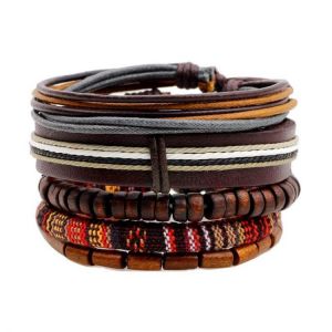 shopping תכשיטים לגבר Retro Multilayer Wood Bead Bracelet Pendant Braided Leather Adjustable for Men