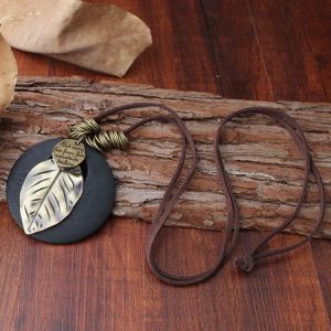 Ethnic Wood Alloy Leaf Pendant Necklaces Vintage Leather Rope Long Sweater Necklace For Men
