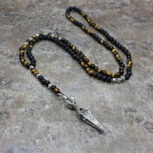 6mm Tiger's Eye Lava Stone Necklace Metal Geometric Arrow Pendant Men's Beads Necklace