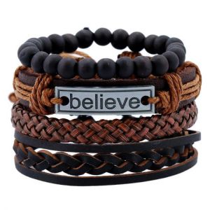 Vintage Leather Bracelet Believe Words Charm Multilayer Weave Beaded Bracelet for Men