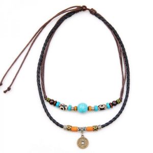 Vintage Beaded Pendant Necklace Wax Rope Irregular Copper Coin Charm Necklace Ethnic Jewelry for Men