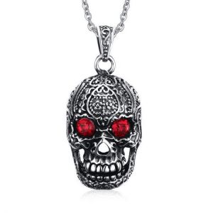 Fashion Men's Jewelry Titanium Steel Chain Red Eye Skull Pendant Necklace for Men
