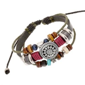 Vintage Leather Wax Rope Bangle Bracelet Sunflower Multilayer Bracelet For Men