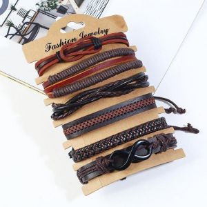 Retro Woven Multilayer Bracelet Soft Leather 6 Pieces Bracelet Set Vintage Men Bracelet