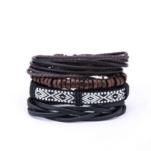 Vintage Men's Multilayer Leather Bracelets Boho Geometric Pattern Rock Wood Bead Bracelet for Men