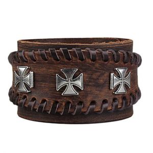 Punk Adjustable Zinc Alloy Cross Double Genuine Leather Bracelet for Men