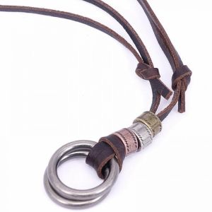 Vintage Geometric Metal Rings Pendant Necklace Handmade Cowhide Necklace Leather Rope Jewelry