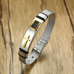 Men's 12mm Punk Stainless Steel Cross Adjustable Wristband Bracelet Jewelry