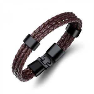 20cm Vintage Leather Bracelet Multilayer Woven Wristhand for Men