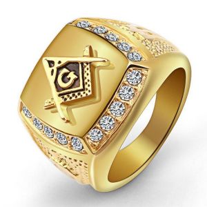 Fashion Gold Titanium Steel Finger Ring Rhinestone Free-Mason Logo Jewelry Gift for Men
