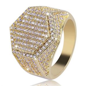 Gold Hip Hop Hexagon Finger Ring Micro Zircon Gemstone Gold Silver Plated Rings for Men