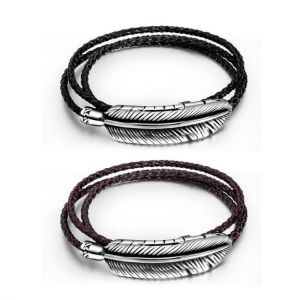 Titanium Steel Men's Feather Multi-layer Stainless Steel Braided Leather Bracelet