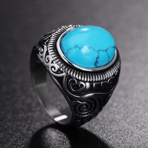 REZEX Vintage Pattern Blue Black Turquoise Finger Rings Gem Titanium Steel Men's Ring
