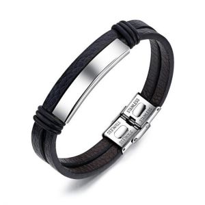 Double Black Stainless Steel Men&#039;s Leather Bracelet