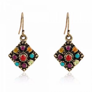 Bohemian Colorful Diamond Ear Drop Square Alloy Rhinestone Earring For Women