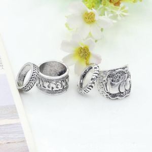 Women Beach Bohemian Retro Carved Silver Elephant Totem Leaf Lucky Ring Set