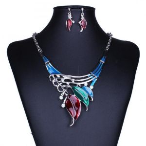 Elegant European Leaves Enamel Inlay Crystal Necklace Earrings Jewelry Set for Women