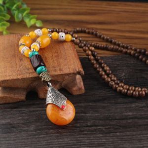 Vintage Multicolor Wood Beads Necklace Retro Long Sweater Pendant Necklace for Women