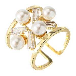 JASSY&reg; Women&#039;s Opening Ring 18K Gold Plated Zircon Hollow Pearl Ring Fashion Jewelry