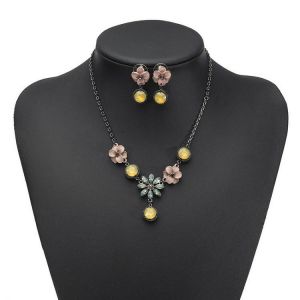 JASSY Asymmetric Vintage Jewelry Set Pink Flower Yellow Crystal Earring Necklace Fine Jewelry Set