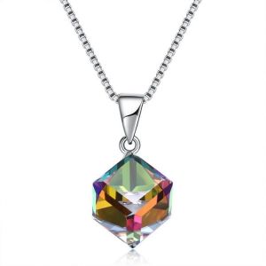925 Sterling Silver Colorful Shining Cube Crystal Necklace Silver Charm Necklace for Women