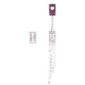 925 Sterling Silver Heart Asymmetric Earrings Diamond Long Tassels Drop Earrings