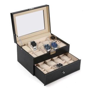 Large 20 Slot Wrist Watch Display Box Black Leather Watch Case Organizer Glass Top