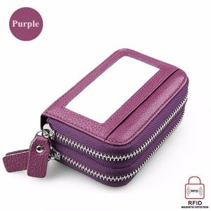 Genuine Leather RFID Double Zipper 11 Card Holder Anti Theft Coin Bag Short Purse