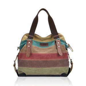 shopping תיקי נשים Women Casual Stripe Canvas Handbag  Micro-Fibric Leather Shoulder Bags Contrast Color Crossbody Bags