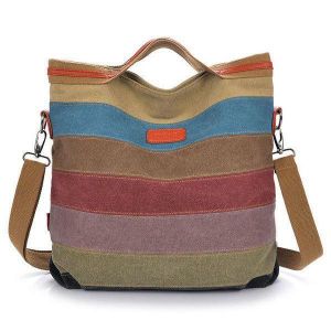 shopping תיקי נשים Women Canvas Striped Crossbody Bags Vintage Contrast Color Canvas Tote Handbags