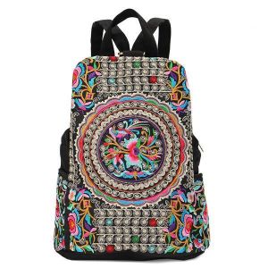 Women National Style Embroidery Zipper Creative Backpack Flower Bag Satchel