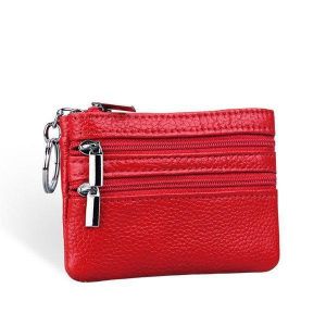 Women Genuine Leather Double Zipper Card Holder Clutch Wallet Candy Color Coin Bags