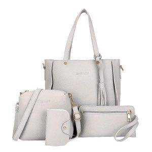 4 PCS Women PU Leather Handbag Tassel Leisure Crossbody Bag Solid Shoulder Bag