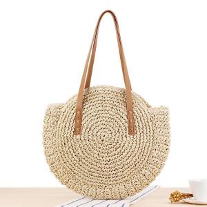 Women Leisure Round Straw Bag Woven Beach Bag Shoulder Bag