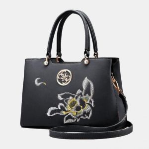 Women Vintage Chinese Style Gardenia Flower Embroidered Handbag Large Capacity Multi-pocket Multi-Carry PU Leahter Crossbody Bag