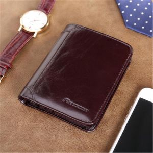 Men RFID Blocking Secure Wallet Fashion Vintage Purses Genuine Leather Tri-fold Wallet Short Wallet