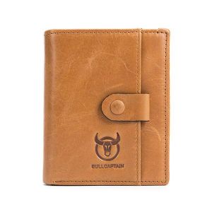 Bullcaptain Men Cowhide Retro 9 Card Photo Slots Zipper Coin Bag Long Purse Short Wallet