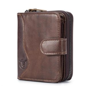 Bullcaptain Cowhide Short Wallet Zipper Coin Bag with 16 Card Slots