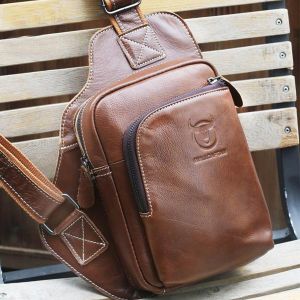 Bullcaptain&reg; Men Genuine Leather Sling Bag Business Casual Outdoor Chest Crossbody Bag for Ipad Mini