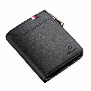 Men Black Coffee Zipper Leather Wallet Card Holder Coin Bag with External Card Slot