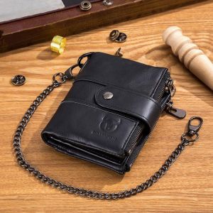 Bullcaptain Men Genuine Leather Vintage RFID Blocking Foldable Anti-Theft Chain Walllet Card Holder