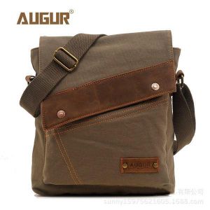 AUGUR Men Genuine Leather Canvas Leisure Shoulder Bag Vintage Style Crossbody Chest Pack