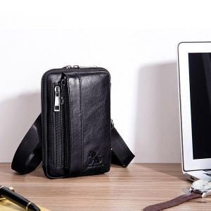 Men Genuine Leather Solid Waist Bag Shoulder Phone Bag Crossbody Bag