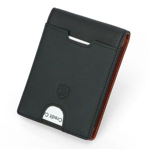 Men RFID Genuine Leather Money Clip Zipper Pocket Wallet
