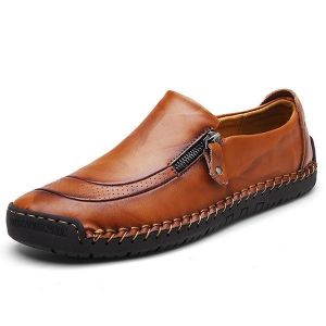 Menico Men Soft Hand Stitching Genuine Leather Side Zipper Slip On Oxfords