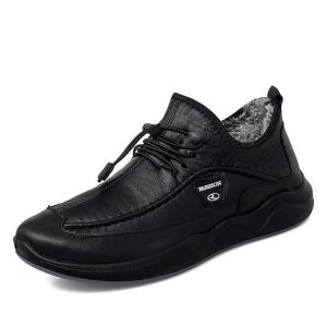 Men Winter Warm Plush Lining Elastic Lace Non Slip Casual Leather Flats